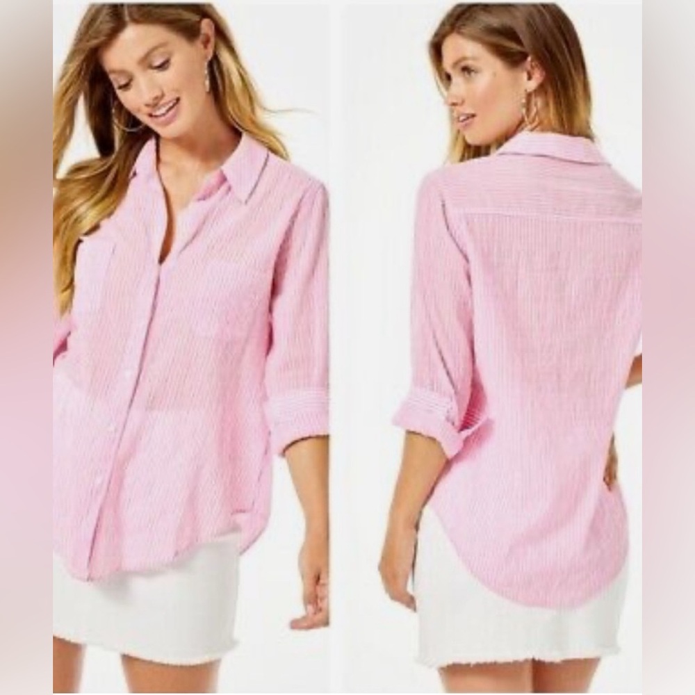 Lilly Pulitzer Sea View Button Down Striped pink long sleeves Shirt in XSmall